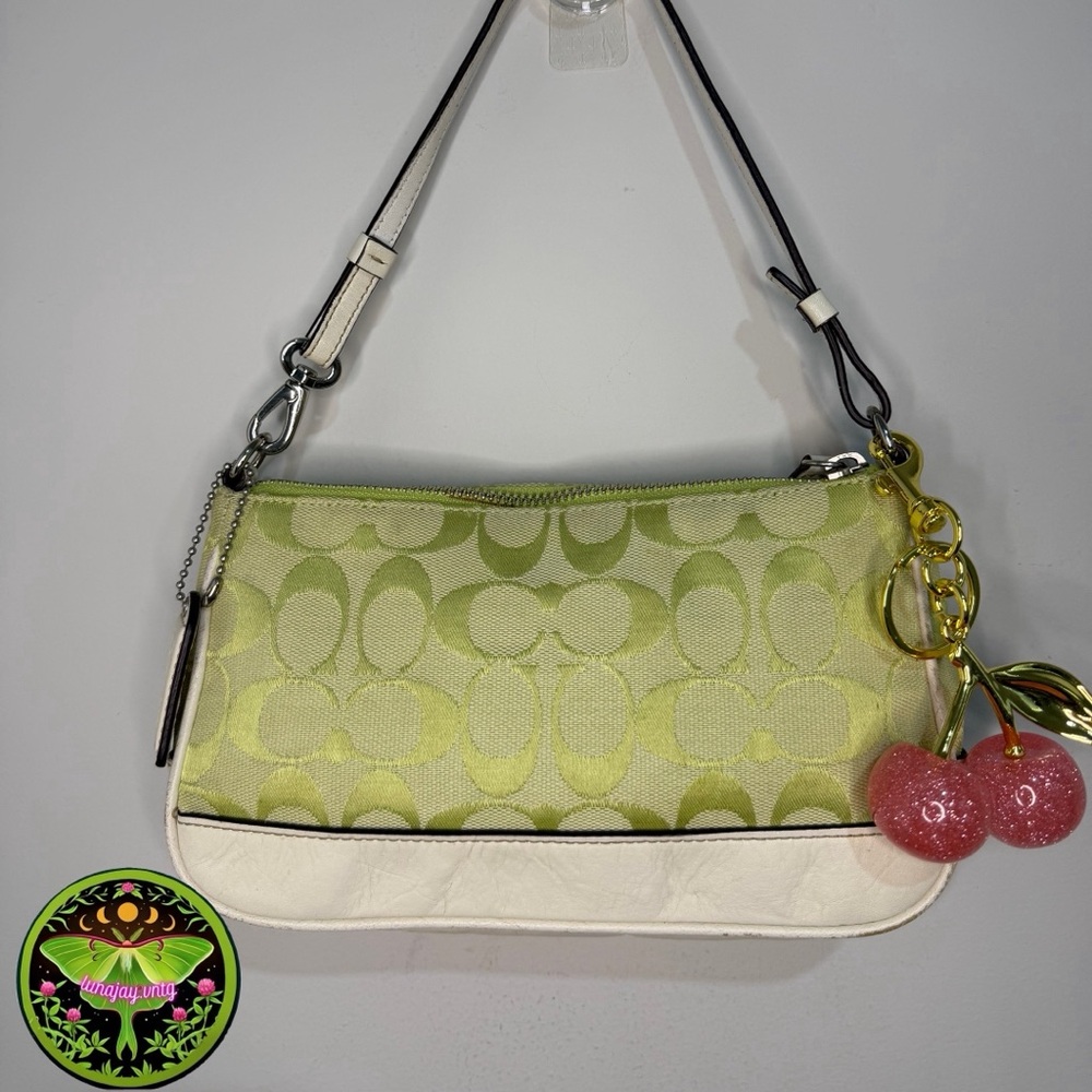 Light Green Logo-Pattern Shoulder Bag with Cherry Charm